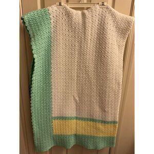 Handmade Vintage Blanket Crochet Afghan White Green Yellow 100"x‎ 64" Thick